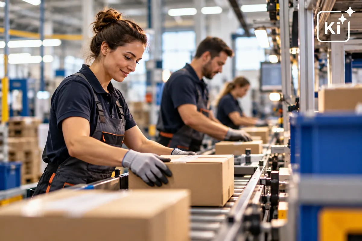Mitarbeitende in Arbeitskleidung packen Pakete an einem Förderband im Logistiklager